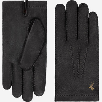 Pair of dark leather men’s gloves with stitched fingers and gold-tone logo at wrist