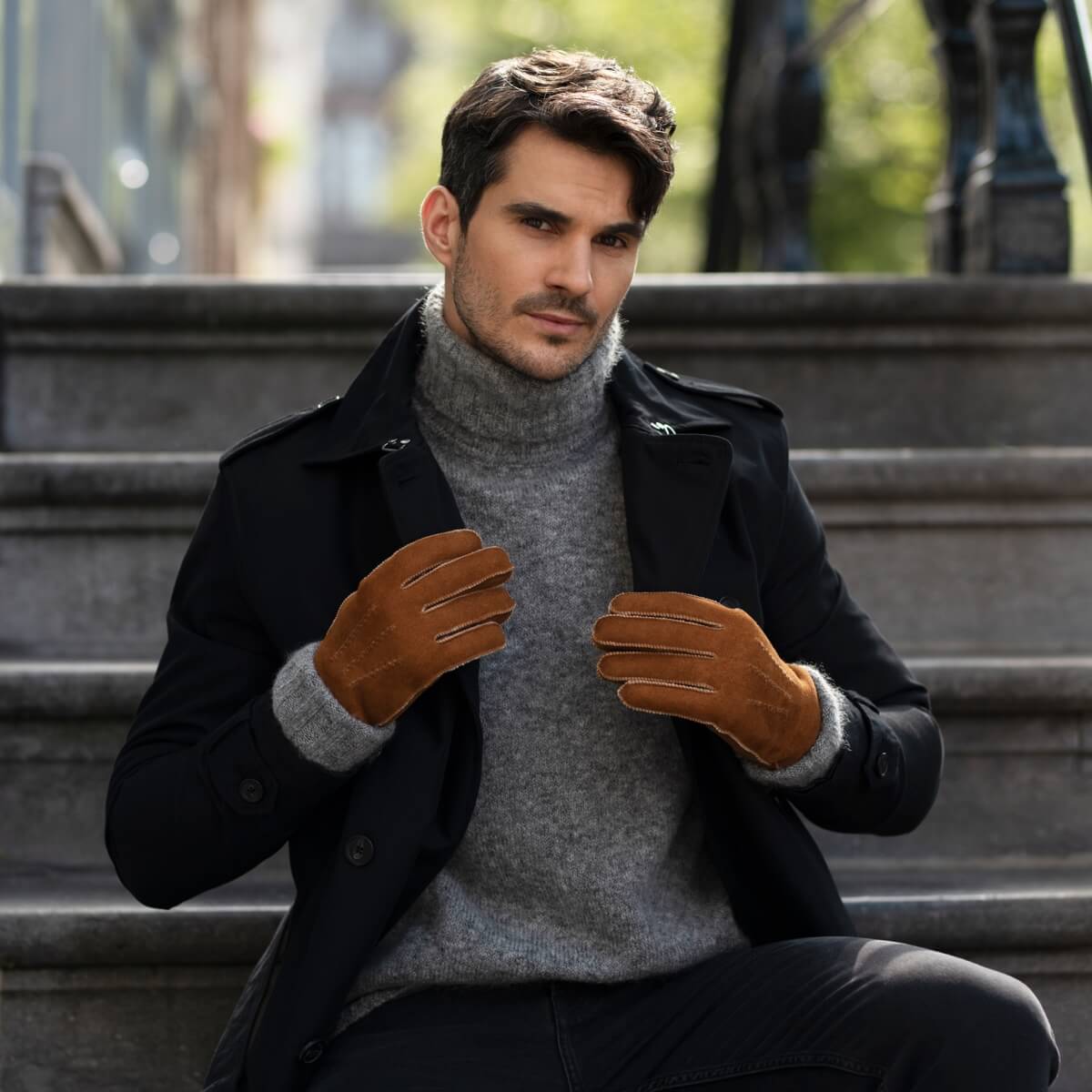 Camel suede leather gloves with sheep fur lining on hands