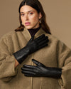 Black lambskin gloves with rabbit-fur lining, long cuffs and touchscreen tips