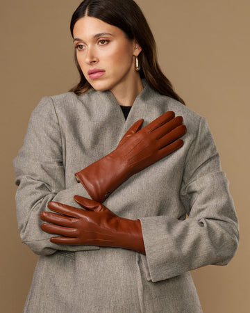 Women's lambskin gloves, extra-long cognac brown with rabbit-fur lined cuffs