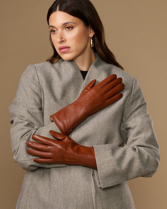 Women's lambskin gloves, extra-long cognac brown with rabbit-fur lined cuffs