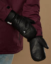 Pair of black leather men's mittens showing smooth palms, side seams, and cuff details.