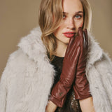Emma (marron) - Gants extra-longs en cuir de mouton avec doublure luxueuse en cachemire et fonction tactile