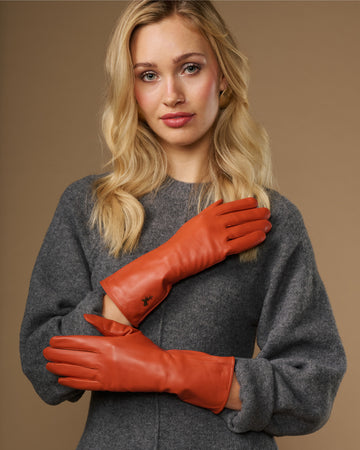 Emma (orange) - Extra-long sheepskin leather gloves with luxurious cashmere lining & touchscreen feature