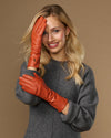 Emma (orange) - Extra-long sheepskin leather gloves with luxurious cashmere lining & touchscreen feature