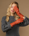 Emma (orange) - Extra-long sheepskin leather gloves with luxurious cashmere lining & touchscreen feature