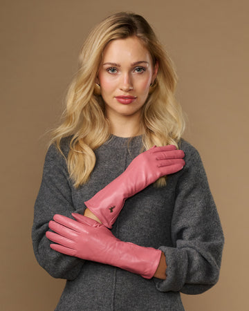 Emma (pink) - Extra-long sheepskin leather gloves with luxurious cashmere lining & touchscreen feature