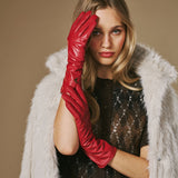 Emma (rouge) - Gants extra-longs en cuir de mouton avec doublure luxueuse en cachemire et fonction tactile