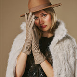 Emma (taupe) - Gants extra-longs en cuir de mouton avec doublure luxueuse en cachemire et fonction tactile