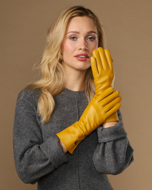 Emma (yellow) - Extra-long sheepskin leather gloves with luxurious cashmere lining & touchscreen feature