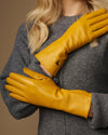 Emma (yellow) - Extra-long sheepskin leather gloves with luxurious cashmere lining & touchscreen feature