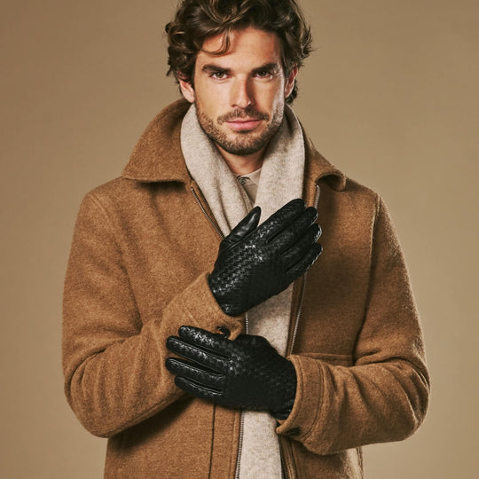 Frederick (noir) - Gants à motif tressé doublés de laine et fonction tactile