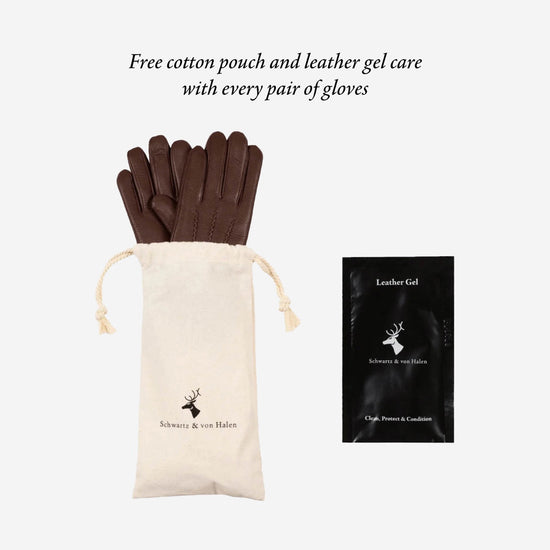 Brown leather gloves with cotton pouch and leather care gel packet