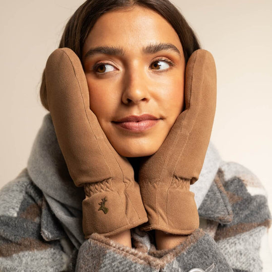 Hailey (camel) - Moufles en daim de chèvre avec luxueuse doublure en shearling (fourrure de mouton)