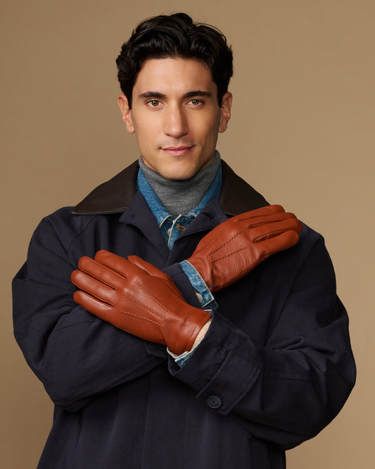 Harvey (cognac) - Goatskin leather gloves with luxurious wool lining & touchscreen feature