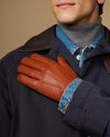 Cognac leather touchscreen glove with blue wool lining cuff, side view