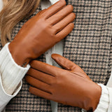 Ivy (cognac) - Gants tactiles en cuir de mouton et doublure en laine/cachemire