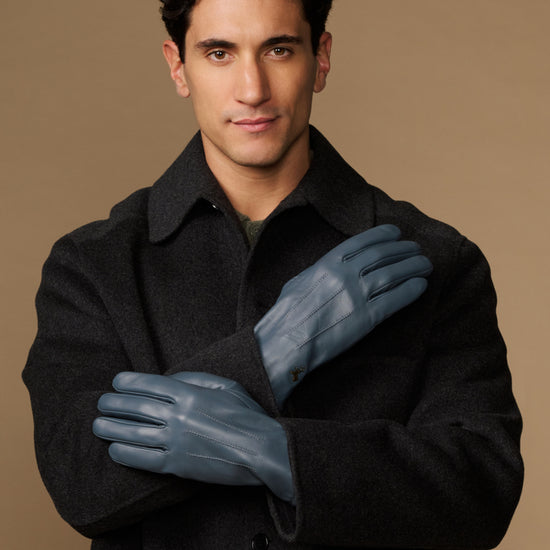 Blue sheepskin gloves with fleece lining, men's winter gloves
