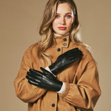 Jasmine (noir) - Gants pour femmes en cuir d'agneau doublés de fourrure de lapin luxueuse et fonction tactile.