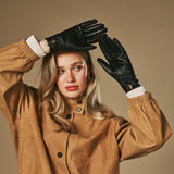 Jasmine (noir) - Gants pour femmes en cuir d'agneau doublés de fourrure de lapin luxueuse et fonction tactile.