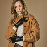 Jasmine (noir) - Gants pour femmes en cuir d'agneau doublés de fourrure de lapin luxueuse et fonction tactile.