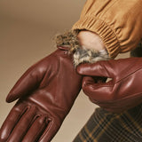 Jasmine (marron) - Gants pour femmes en cuir d'agneau doublés de fourrure de lapin luxueuse et fonction tactile.