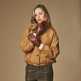 Jasmine (marron) - Gants pour femmes en cuir d'agneau doublés de fourrure de lapin luxueuse et fonction tactile.