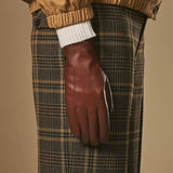 Jasmine (marron) - Gants pour femmes en cuir d'agneau doublés de fourrure de lapin luxueuse et fonction tactile.