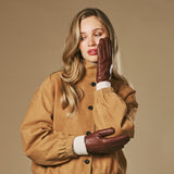 Jasmine (marron) - Gants pour femmes en cuir d'agneau doublés de fourrure de lapin luxueuse et fonction tactile.