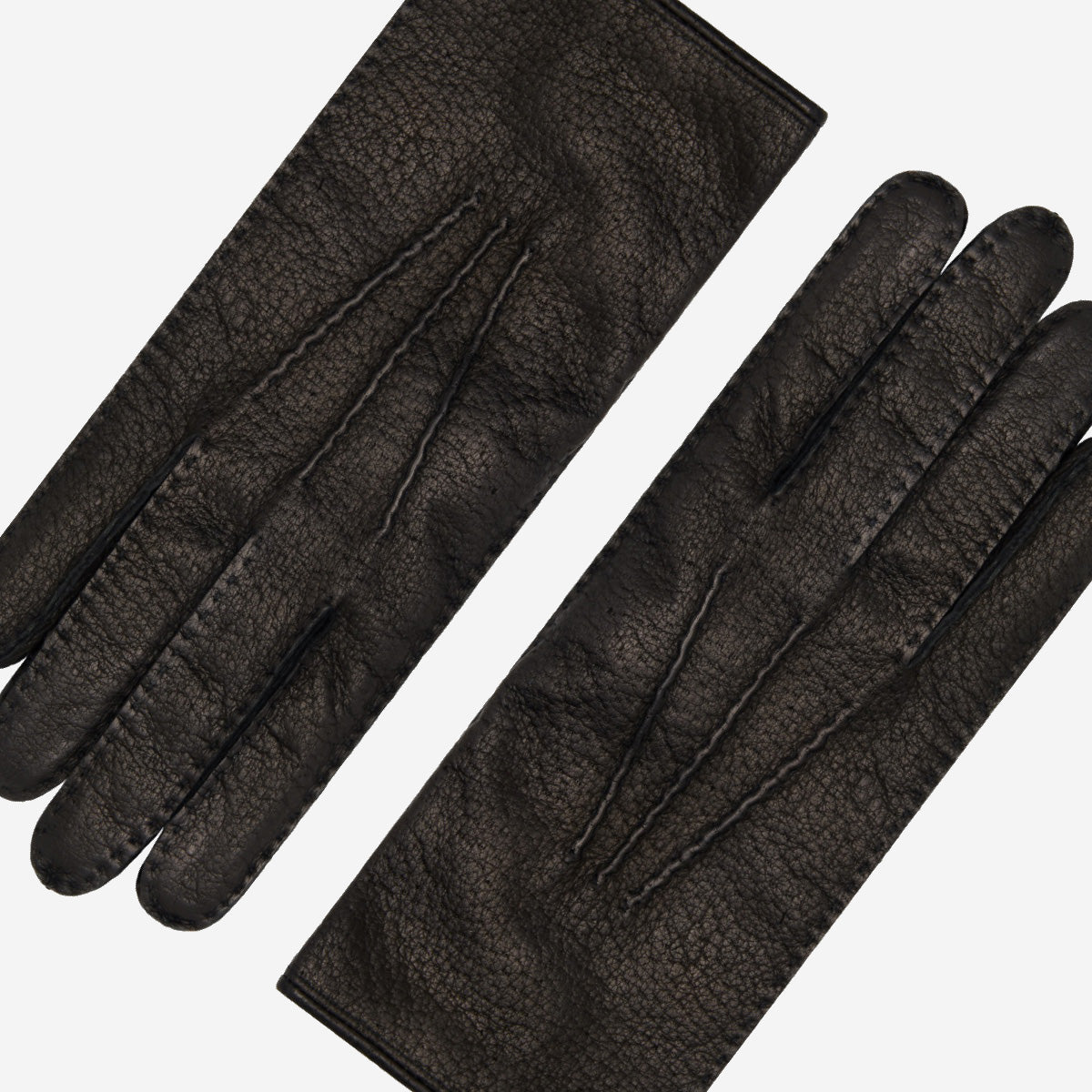Pair of women's black leather gloves showing palm and back views