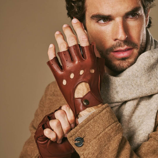 Liam (marron) – Gants de conduite classiques sans doigts en agneau pour homme
