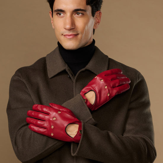 Men's red leather driving gloves with stitched fingers and open thumb panel