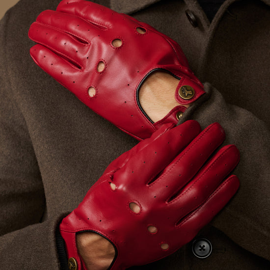Men's red leather driving gloves, palm and thumb detail with studded stitching