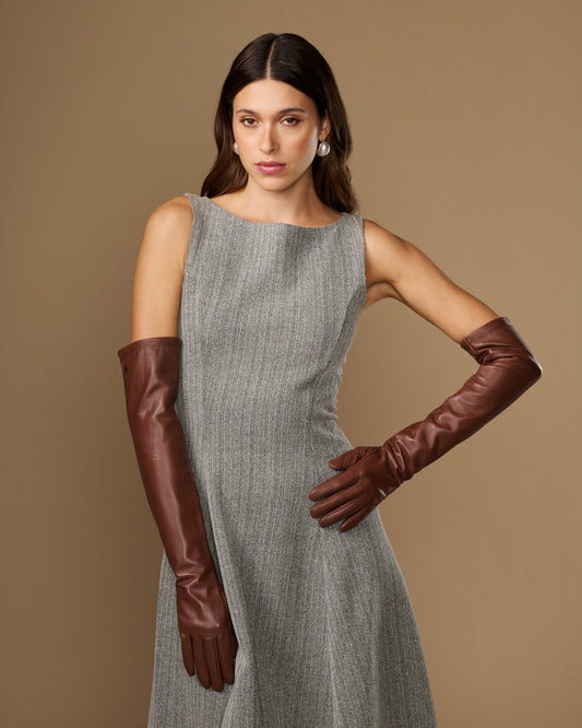 Women's chocolate-brown lambskin leather gloves, long cuff and smooth stitched fingers
