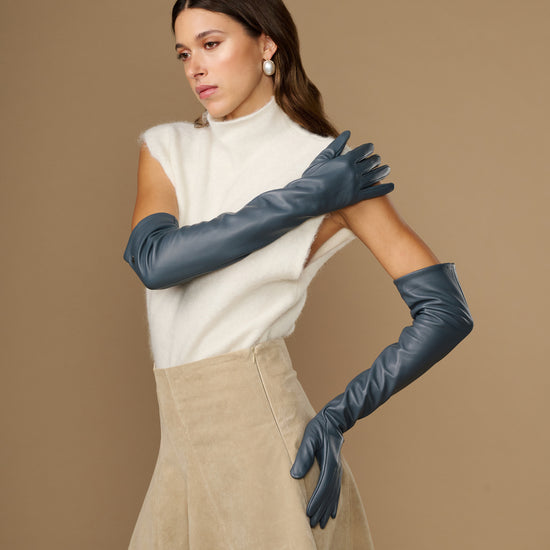 Women's grey leather gloves with silk lining and touchscreen fingertips, long cuffs