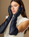 Navy leather opera gloves with long cuffs and silk lining, gloves covering the ears