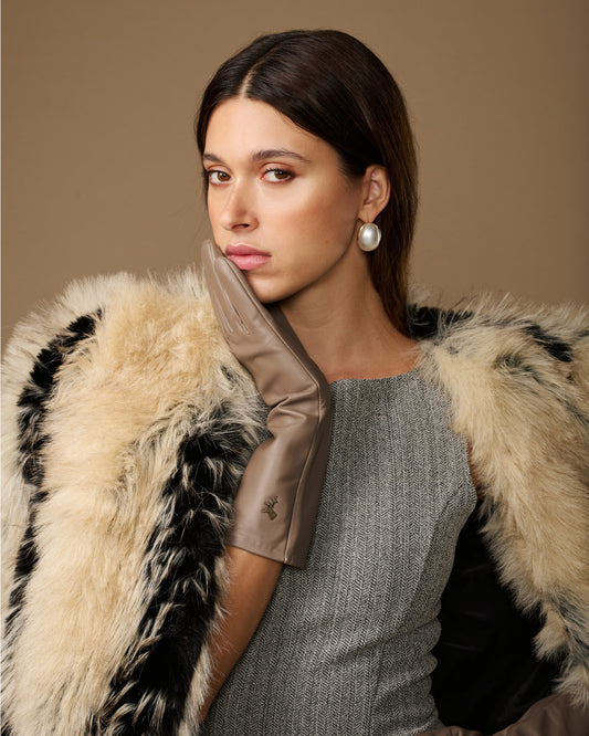 Taupe mid-forearm lambskin leather gloves with silk lining, side view