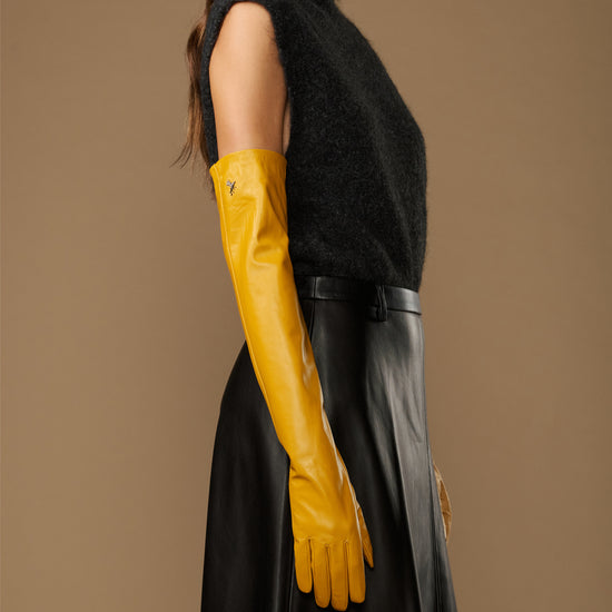 Yellow lambskin leather opera glove, long fitted sleeve style