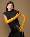 Yellow lambskin leather opera gloves, long fitted sleeves with tapered fingers