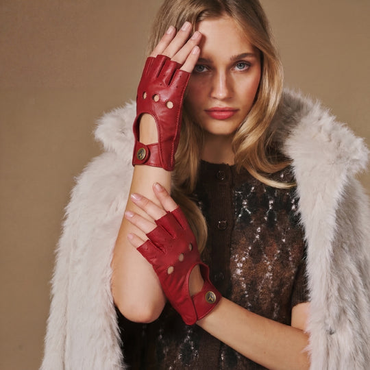 Selena (rouge) – Gants de conduite classiques sans doigts en agneau pour femme