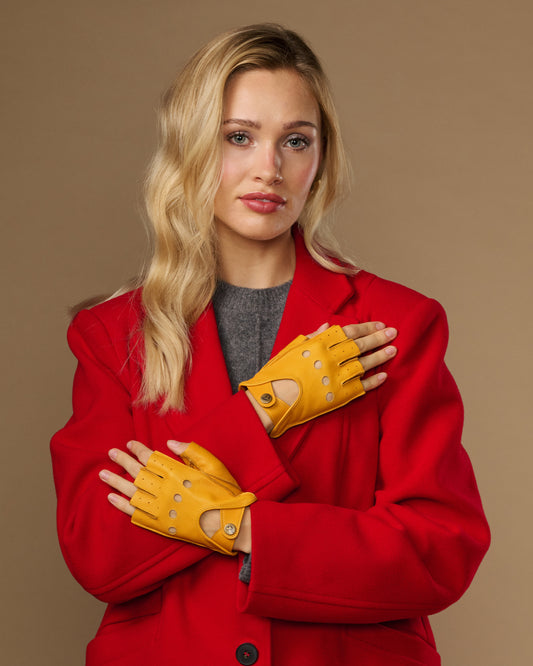 Selena (jaune) - Gants de conduite classiques sans doigts en cuir d’agneau pour femme