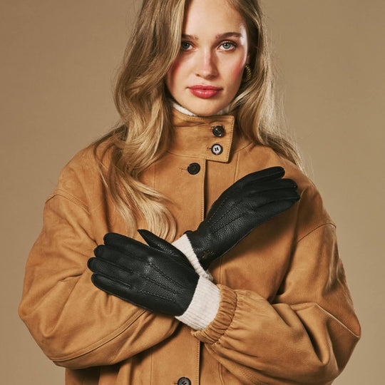Sienna (noir) – Gants luxueux en cuir de cerf américain doublés en 100 % cachemire