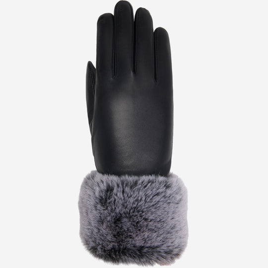 Vera (noir) - Gants tactiles en cuir de luxe avec fausse fourrure au poignet