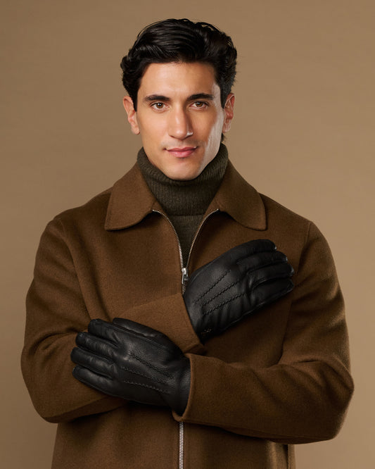 William (black) - Goatskin leather gloves with warm fleece lining and press-stud