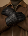 Black goatskin leather gloves, warm fleece lining detail and stitched panels