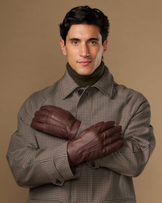 William (brown) - Goatskin leather gloves with warm fleece lining and press-stud